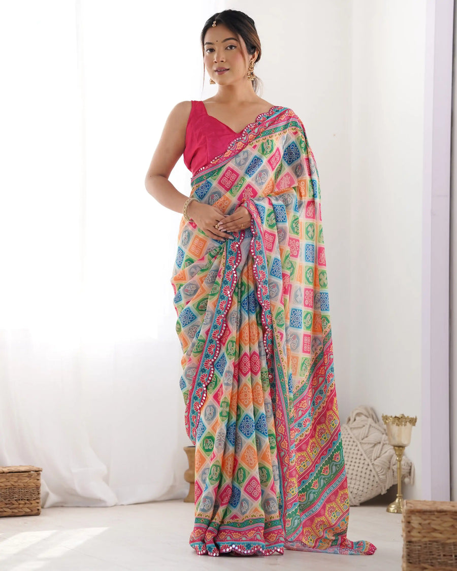 Buy multicolor chinon saree with digital print – Best at prices, SilverBin
