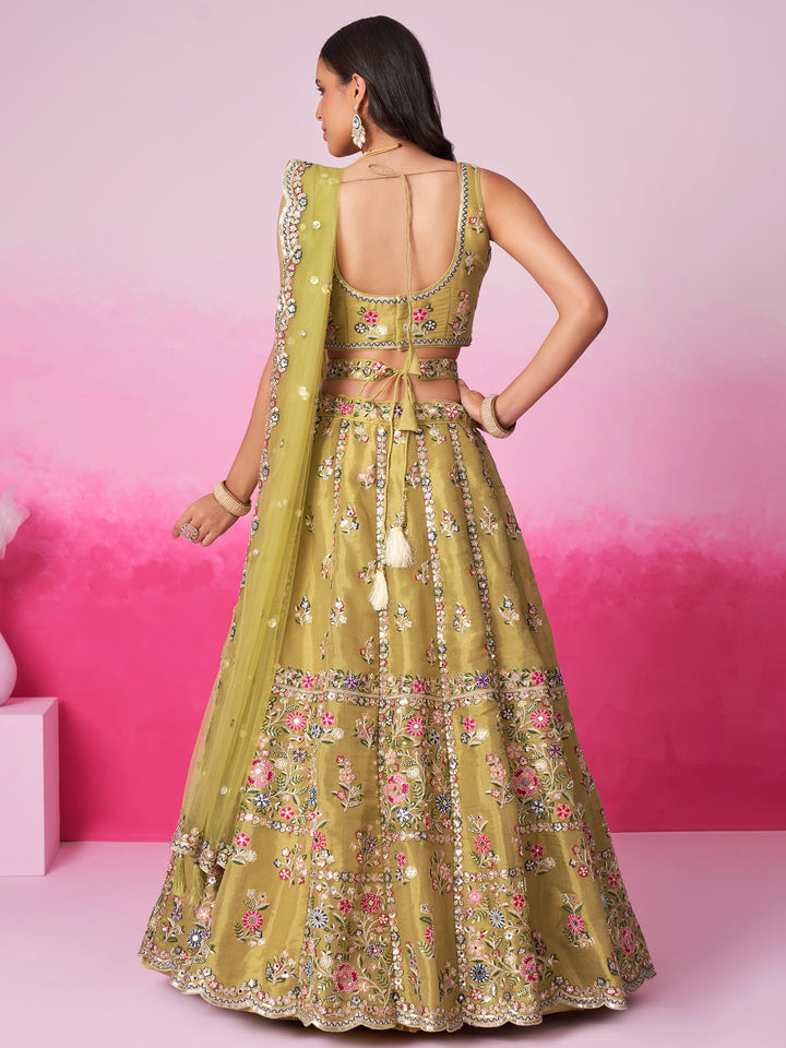 Buy mustard green silk lehenga choli with sequins embroidery