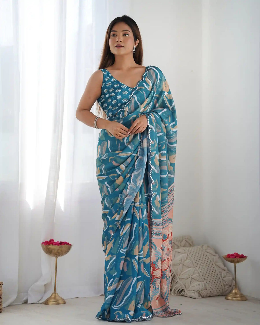 Buy teal chinon party wear saree – Best at prices, shop with SilverBin
