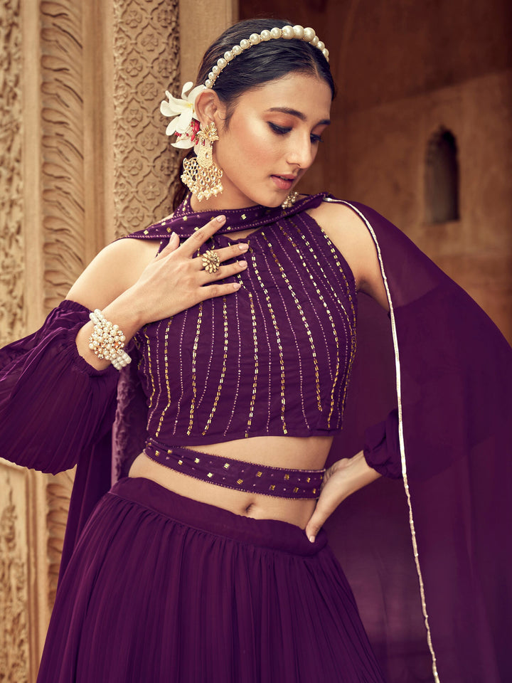 Buy wine color georgette lehenga for festive occasions