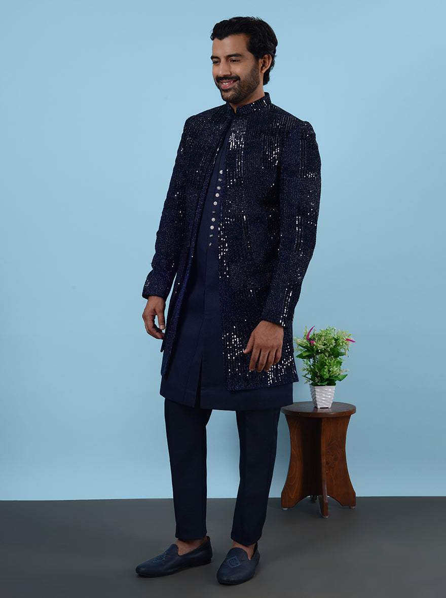 Luxurious navy Indowestern with velvet and silk blend, embroidered