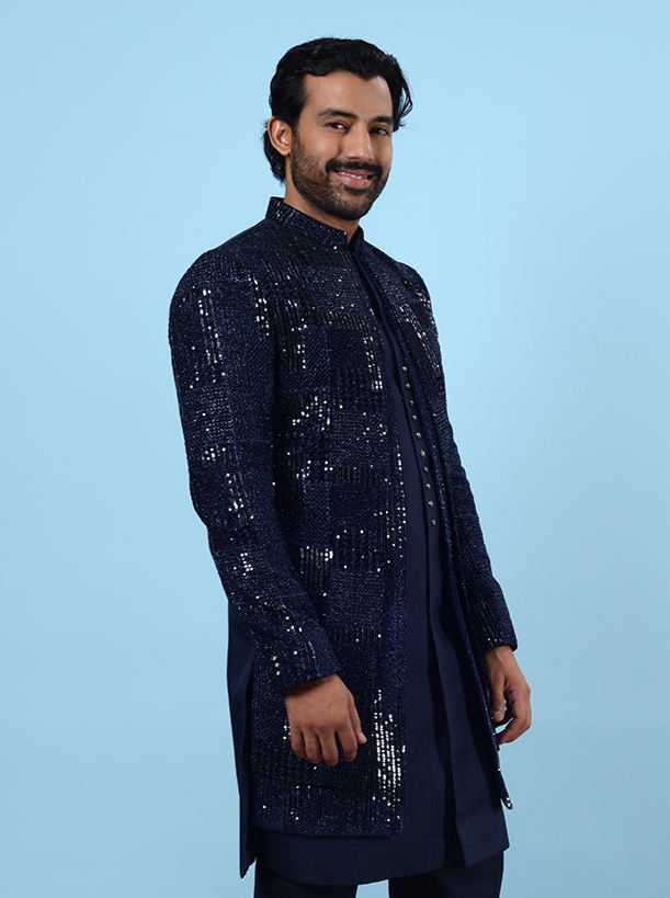 Luxurious Navy Silk & Velvet Indowestern | Men’s Embroidered Outfit