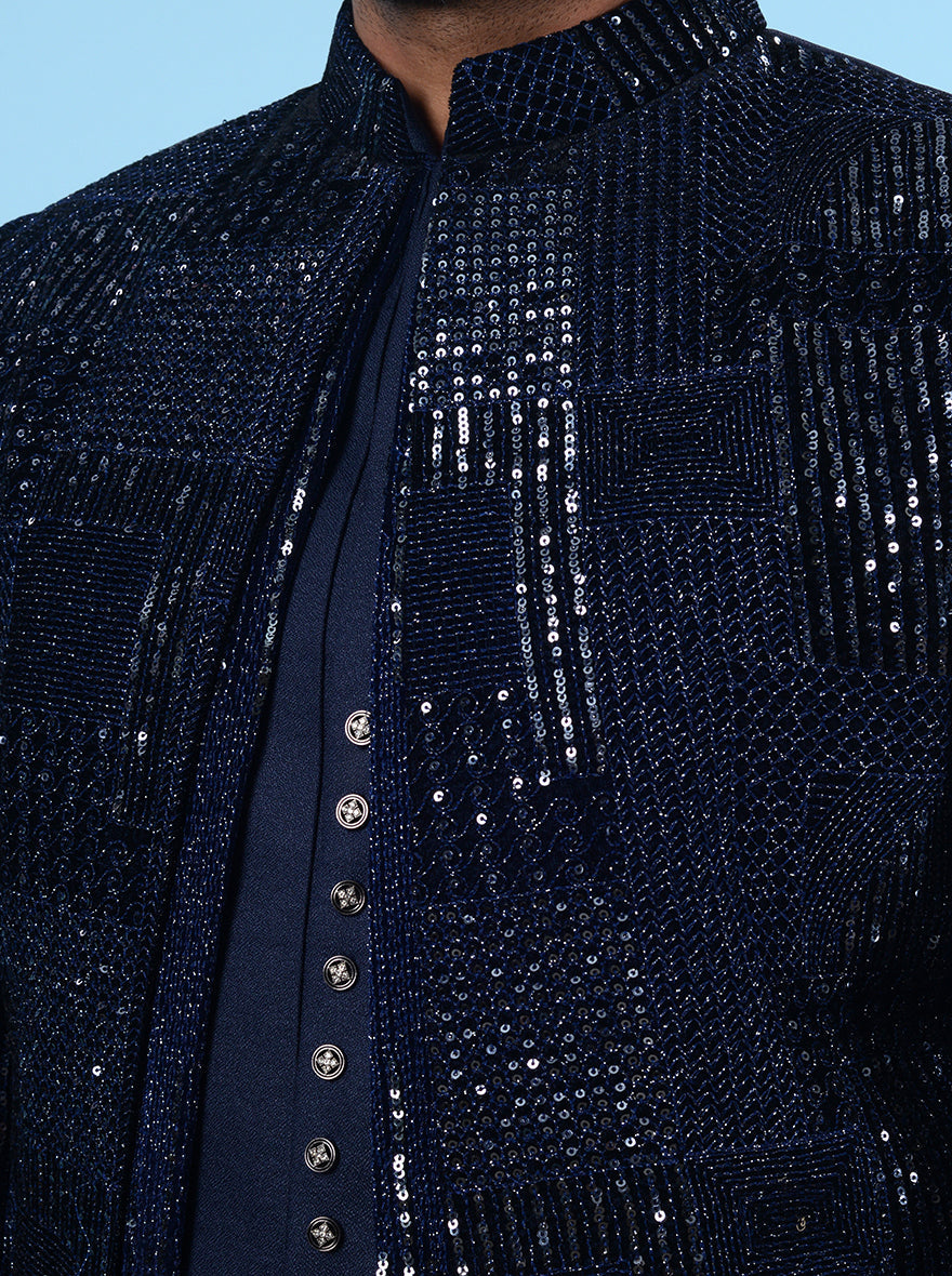 Elegant men’s navy outfit, silk blend and velvet combination