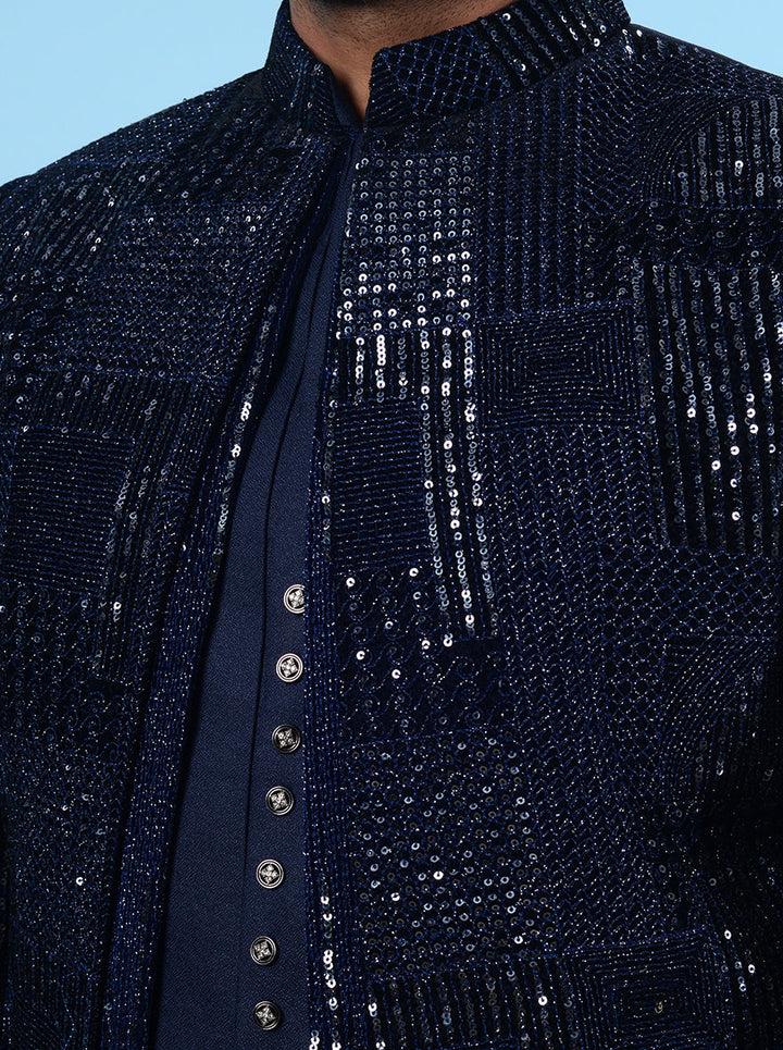Elegant men’s navy outfit, silk blend and velvet combination