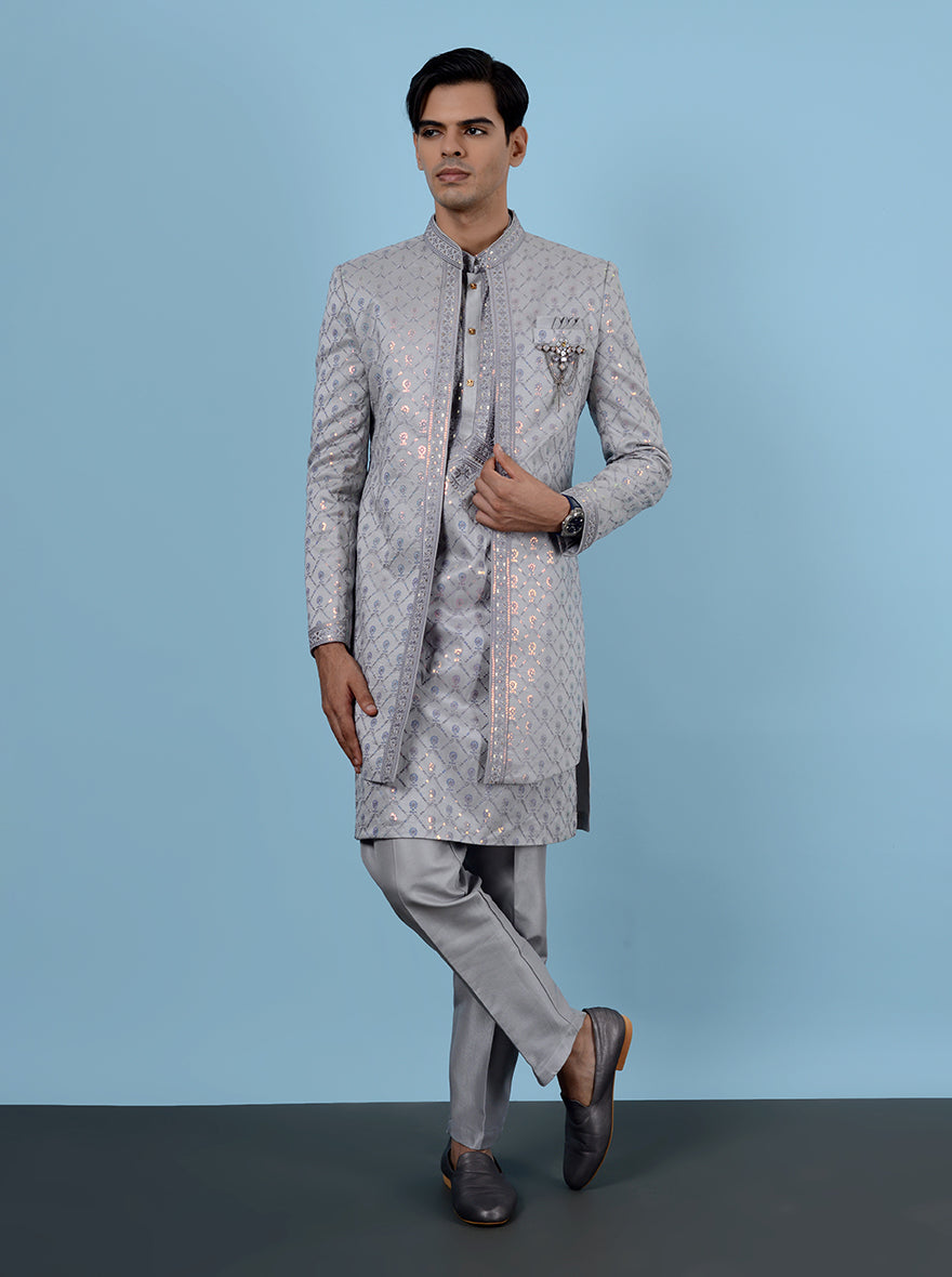 Lilac & grey embroidered outfit, men’s traditional wear