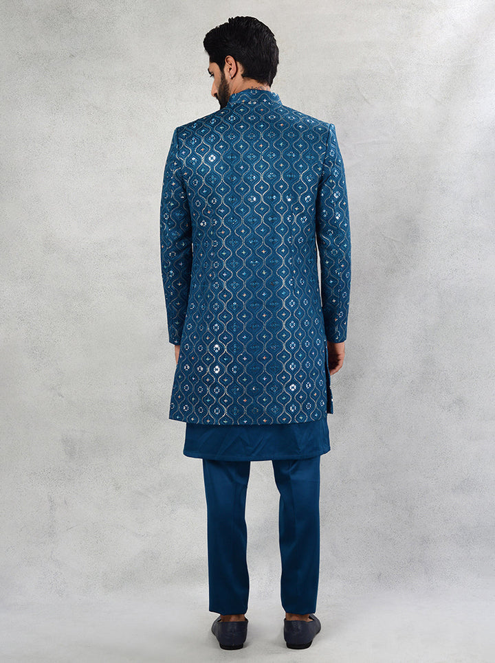 Stylish teal blue indowestern with front open design