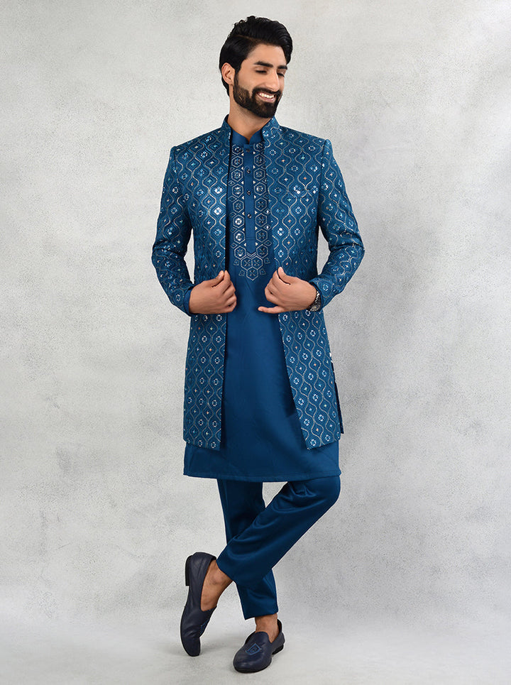 Teal blue embroidered indowestern with mirror, resham, and sequins