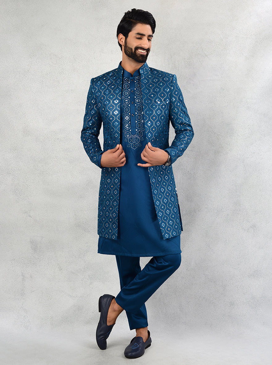 Teal blue embroidered indowestern with mirror, resham, and sequins