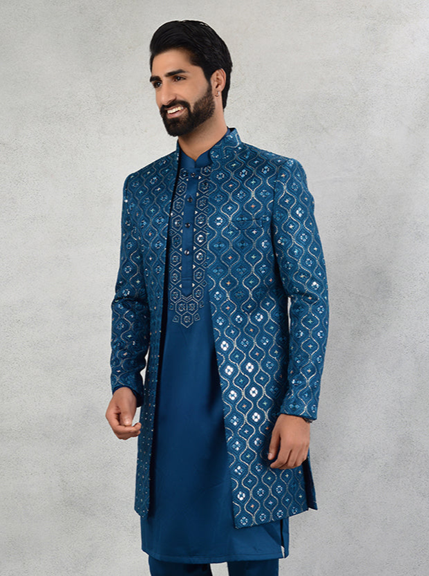 Men's Dark-Blue Silk Blend Indowestern | Stunning Wedding Wear