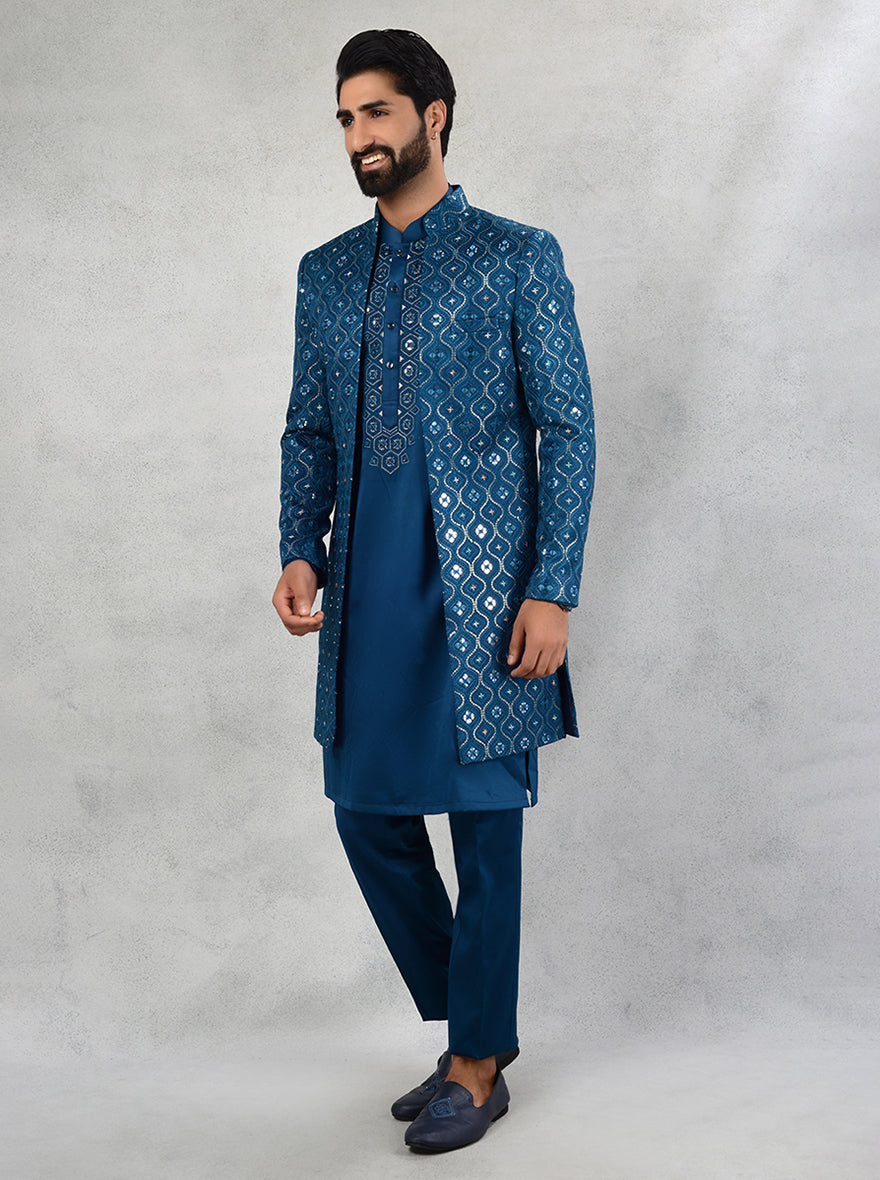 Silk blend teal blue indowestern with mirror and sequins for sangeet