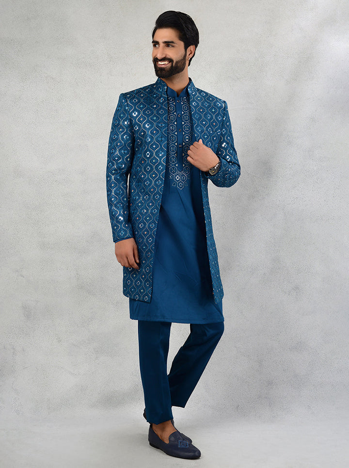 Resham and sequins embroidered teal indowestern for special occasions