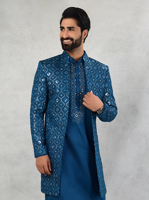 Teal Blue Embroidered Indowestern | Silk Blend with Mirror Work
