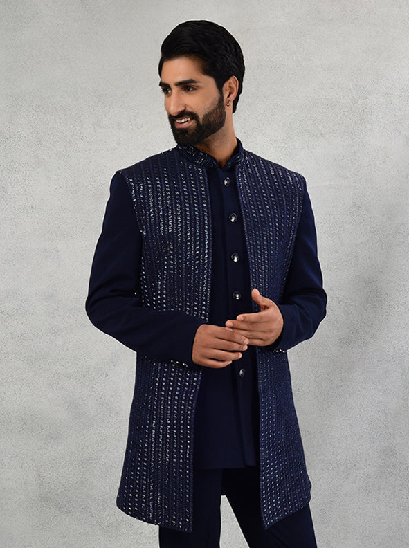 Navy Blue Embroidered Silk Blend Indowestern | Sali, Resham, Sequins