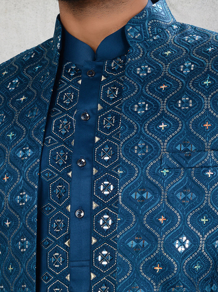 Teal blue silk blend indowestern with mirror work for men