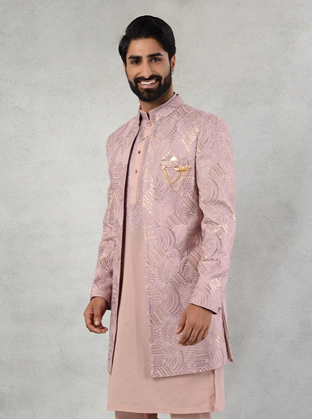 Pink Silk Blend Indowestern | Resham & Sequins Embroidery for Engagement