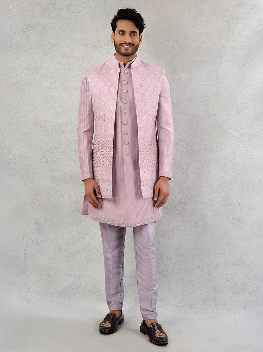 Pink silk blend embroidered indowestern for sangeet and engagement