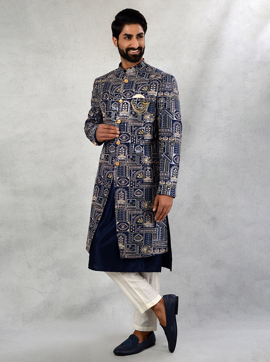 Dark Blue Indo Western Attire for Men | Elegant Sangeet Wear