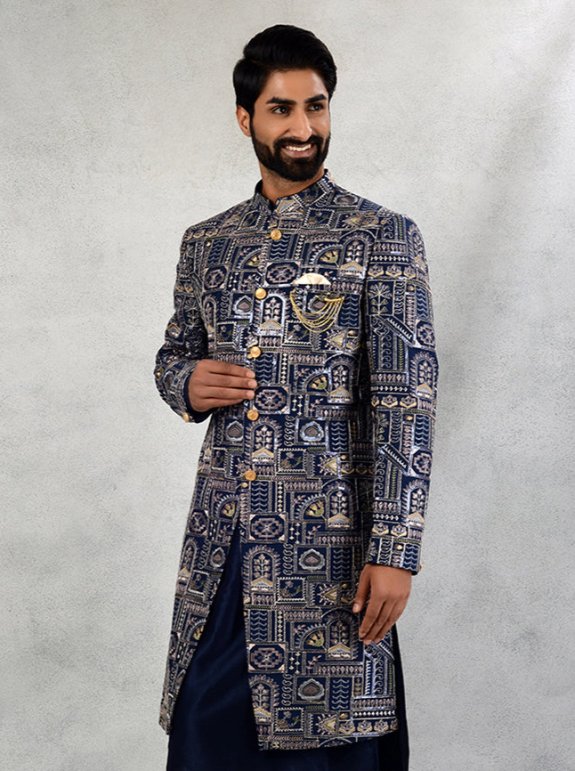 Dark Blue Indo Western Attire for Men | Elegant Sangeet Wear