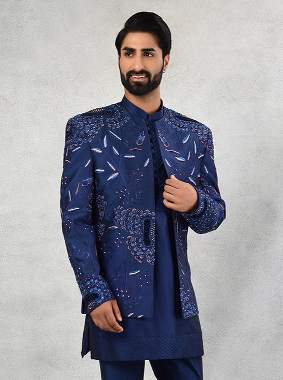 Blue Embroidered Silk Blend Indowestern | Resham Work