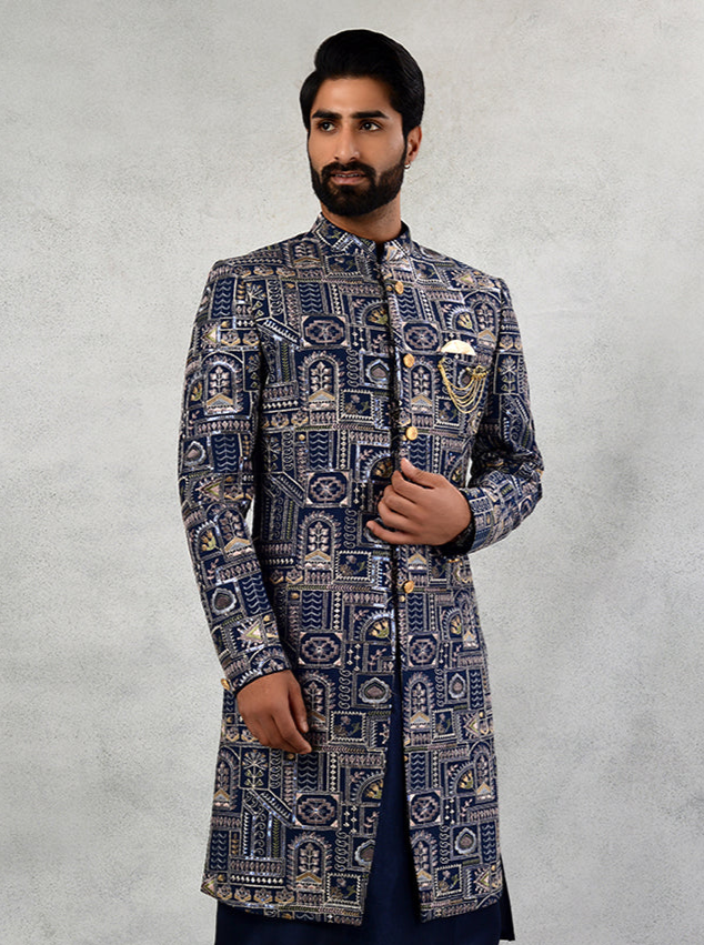 Embroidered Silk Blend Indowestern for Men | Deep Blue, Resham Work