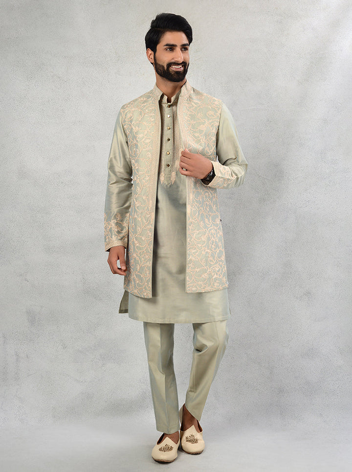 Capture attention at mehndi functions with our charming Pista Green Indo Western, designed for comfort and style.