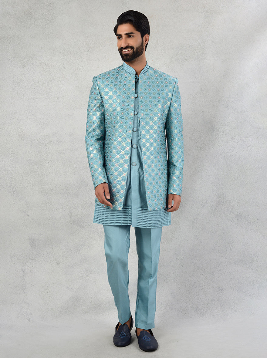 Marine green embroidered silk blend indowestern with resham and sequins