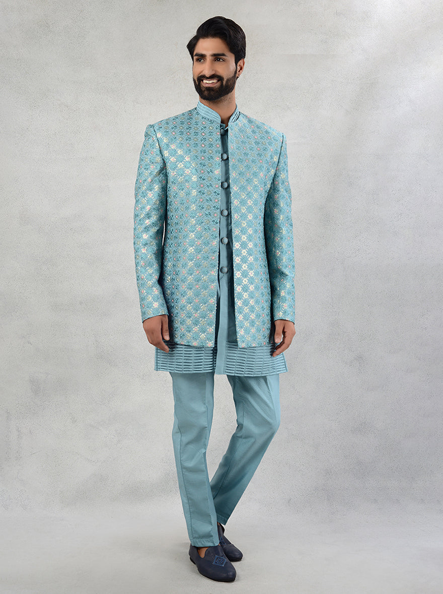 Resham and sequins embroidered marine green indowestern for men