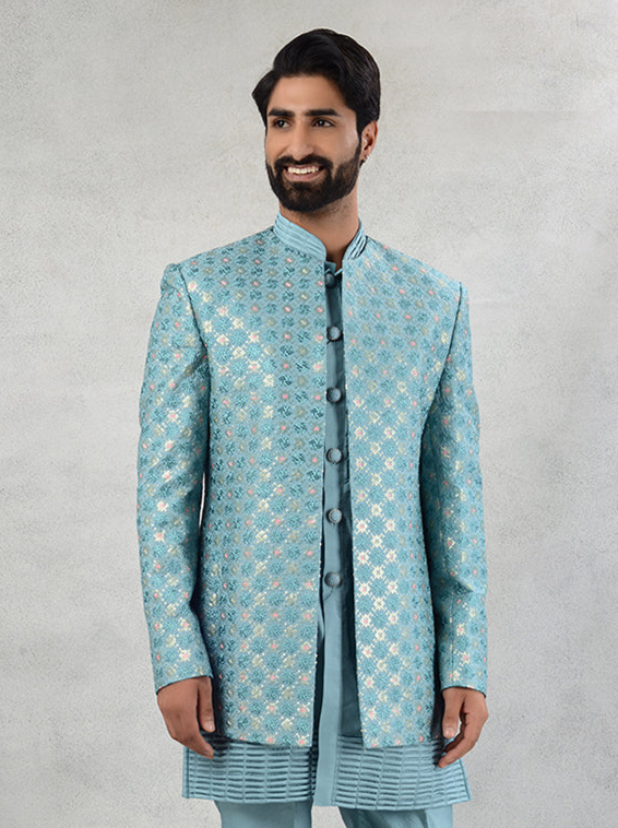 Marine Green Embroidered Indowestern | Silk Blend Partywear