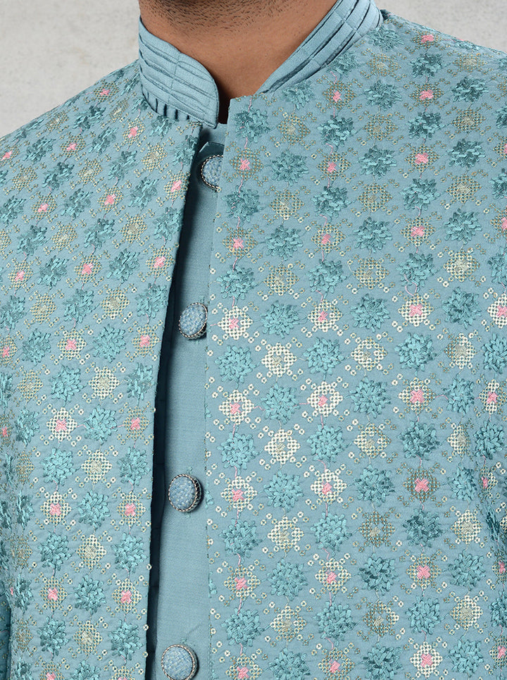 Silk blend marine green indowestern for partywear and special events