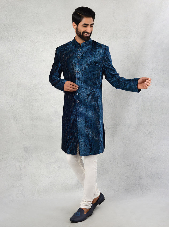 Blue Velvet Indo Western Outfit for Men | Luxurious Ethnic Wear