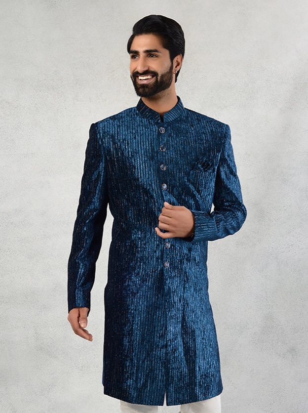 Blue Velvet Indo Western Outfit for Men | Luxurious Ethnic Wear