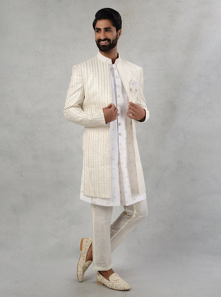 Cream Indo Western Men’s Wear | Resham and Sequin Elegance