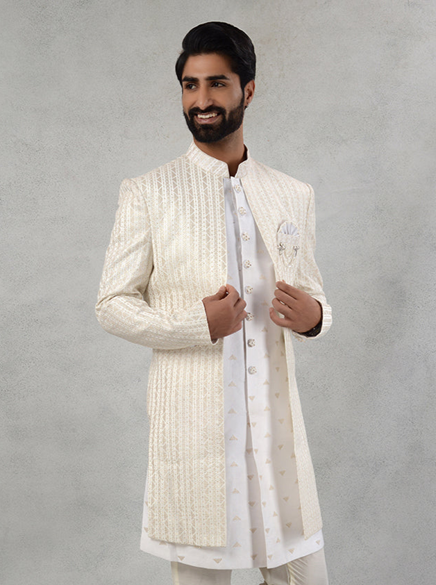Cream Indo Western Men’s Wear | Resham and Sequin Elegance