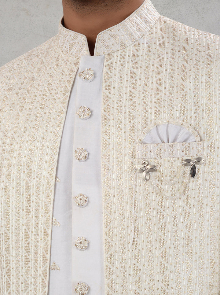 Cream Indo Western Men’s Wear | Resham and Sequin Elegance