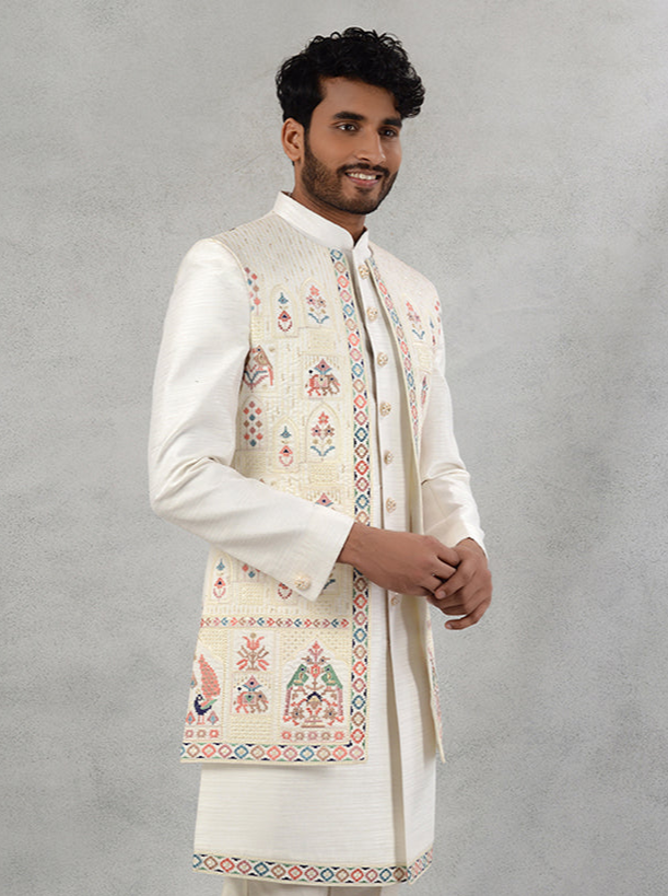 Cream Multi Silk Blend Indowestern | Perfect for Haldi & Engagement Events