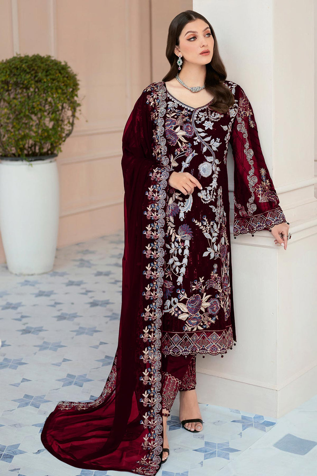 Maroon Georgette Salwar Kameez with | Highlighting a Stunning Georgette Dupatta