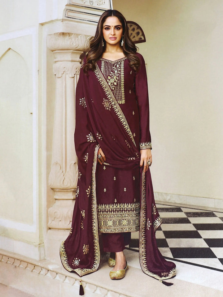 Wine Dola Silk Suit | Heavy Designer Embroidery with Santoon Bottom and Dupatta