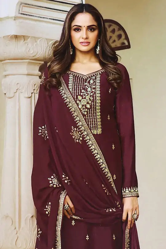 Wine Dola Silk Suit | Heavy Designer Embroidery with Santoon Bottom and Dupatta