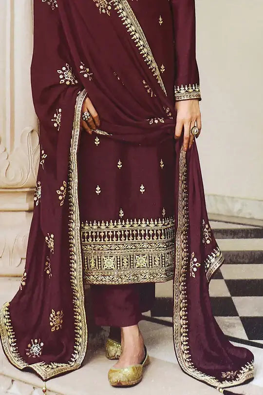 Wine Dola Silk Suit | Heavy Designer Embroidery with Santoon Bottom and Dupatta