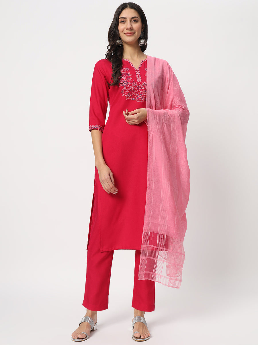 Charming Bright Pink Cotton Suit with Viscose Dupatta for Women

