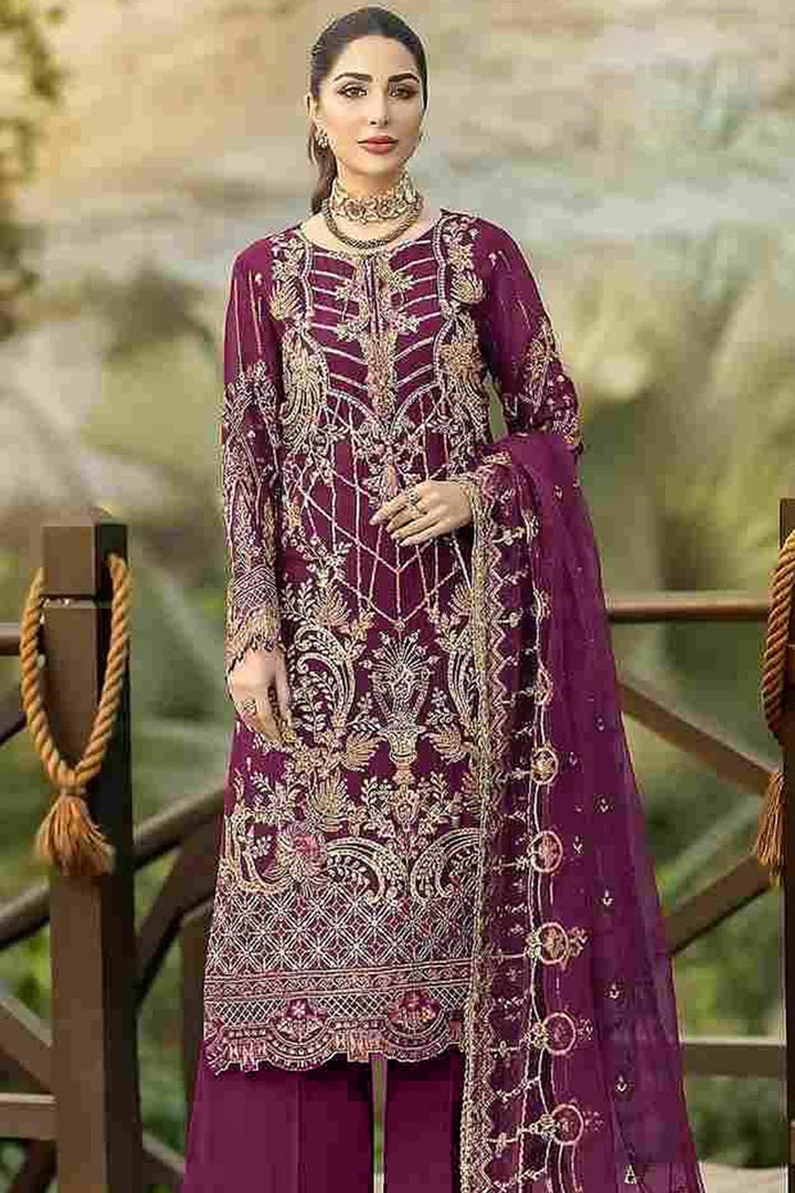 Designer Wine Salwar Kameez | Embroidery & Moti Work Net Dupatta