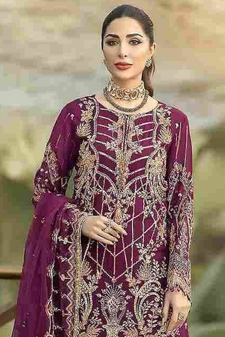 Designer Wine Salwar Kameez | Embroidery & Moti Work Net Dupatta