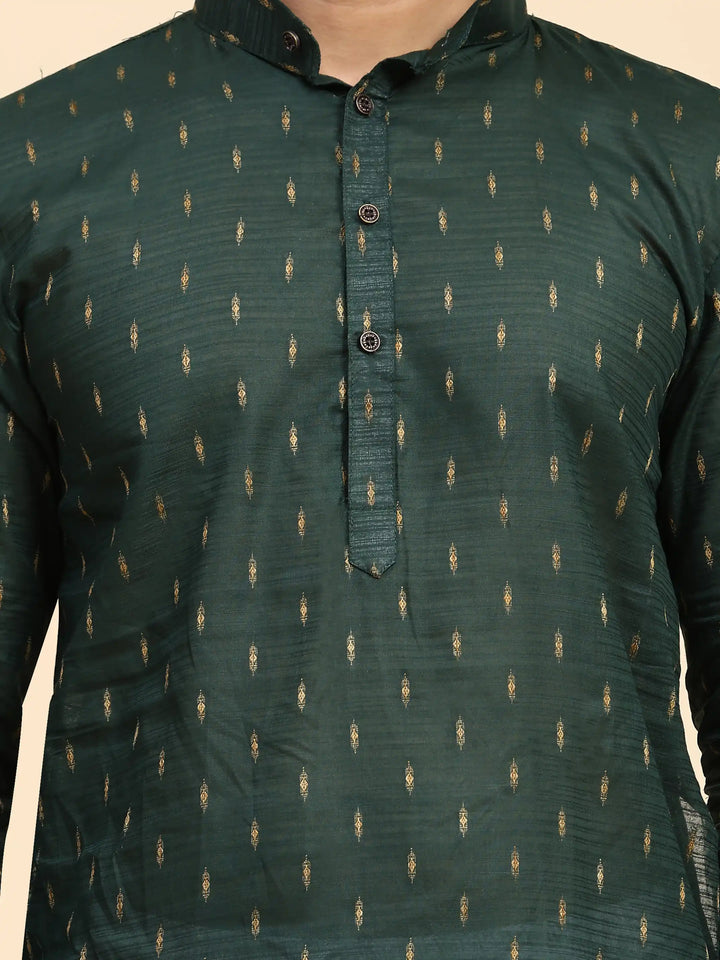 Dark Green Kurta Set for Men | Handwoven Motif Festive Ethnic Wear