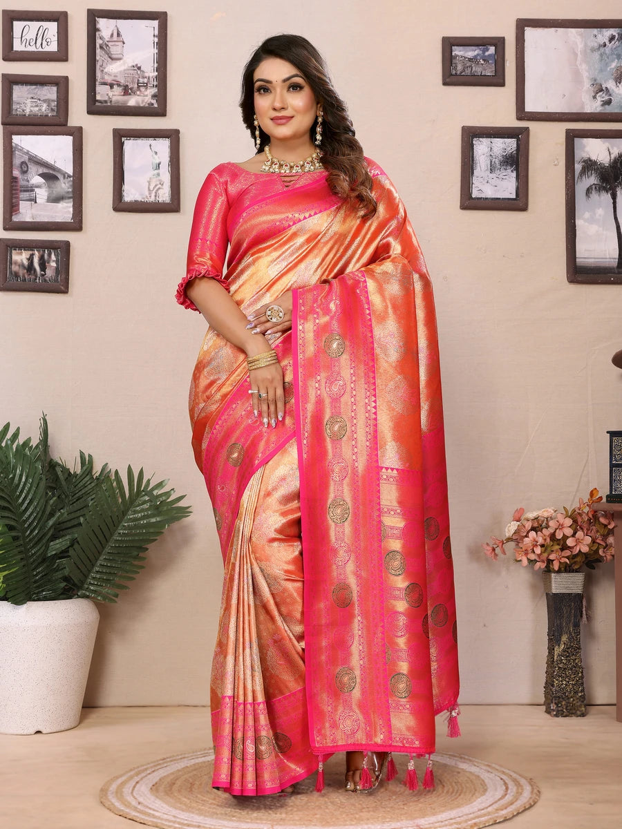 Coral Orange Banarasi Tissue Silk Saree with Paithani Design
