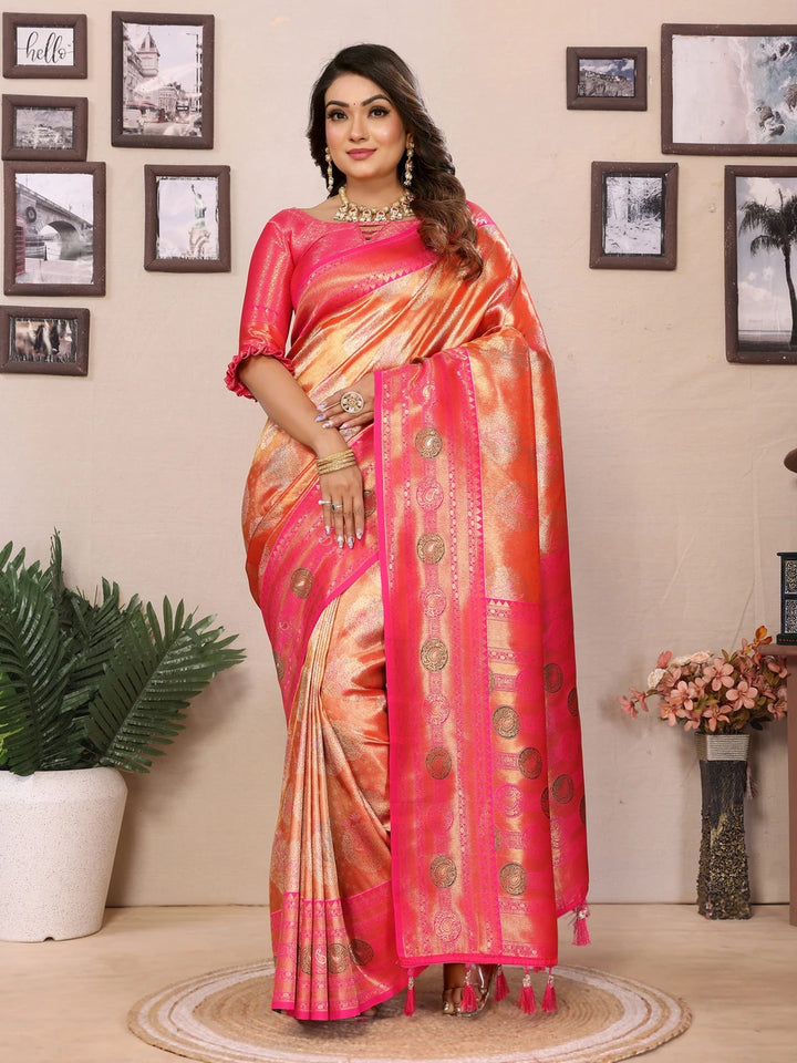 Coral Orange Banarasi Tissue Silk Saree with Paithani Design

