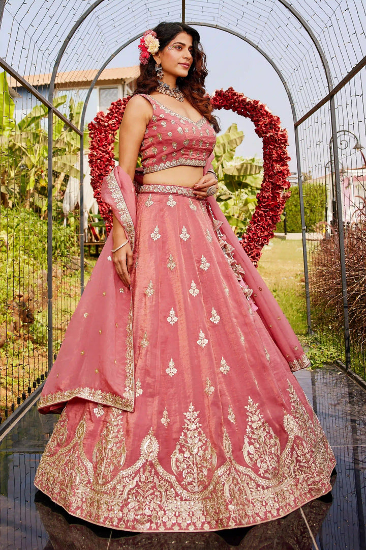 Coral pink ethnic lehenga with shimmer