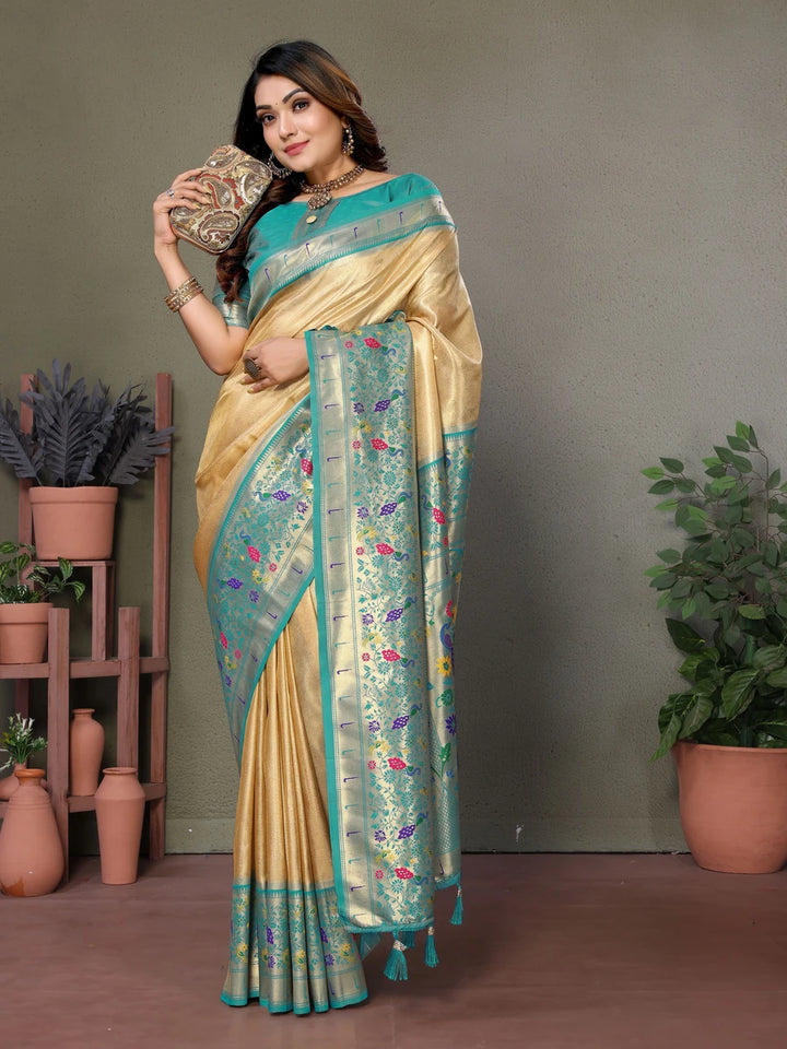 Cream Luxurious Banarasi Tissue Silk Saree with Paithani Designer Work Blouse
