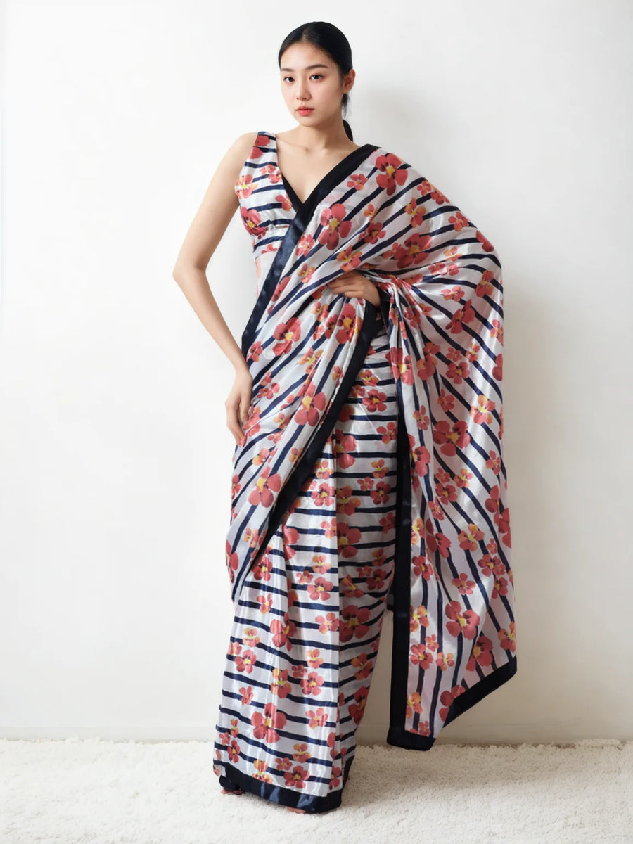 Cream Saree Digital Work Silverbin
