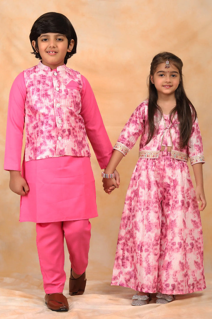 Floral Fuchsia Fiesta: Crop Top and Plazzo Perfection with Matching Kurta Pyjama Twin Set for Brother and Sister