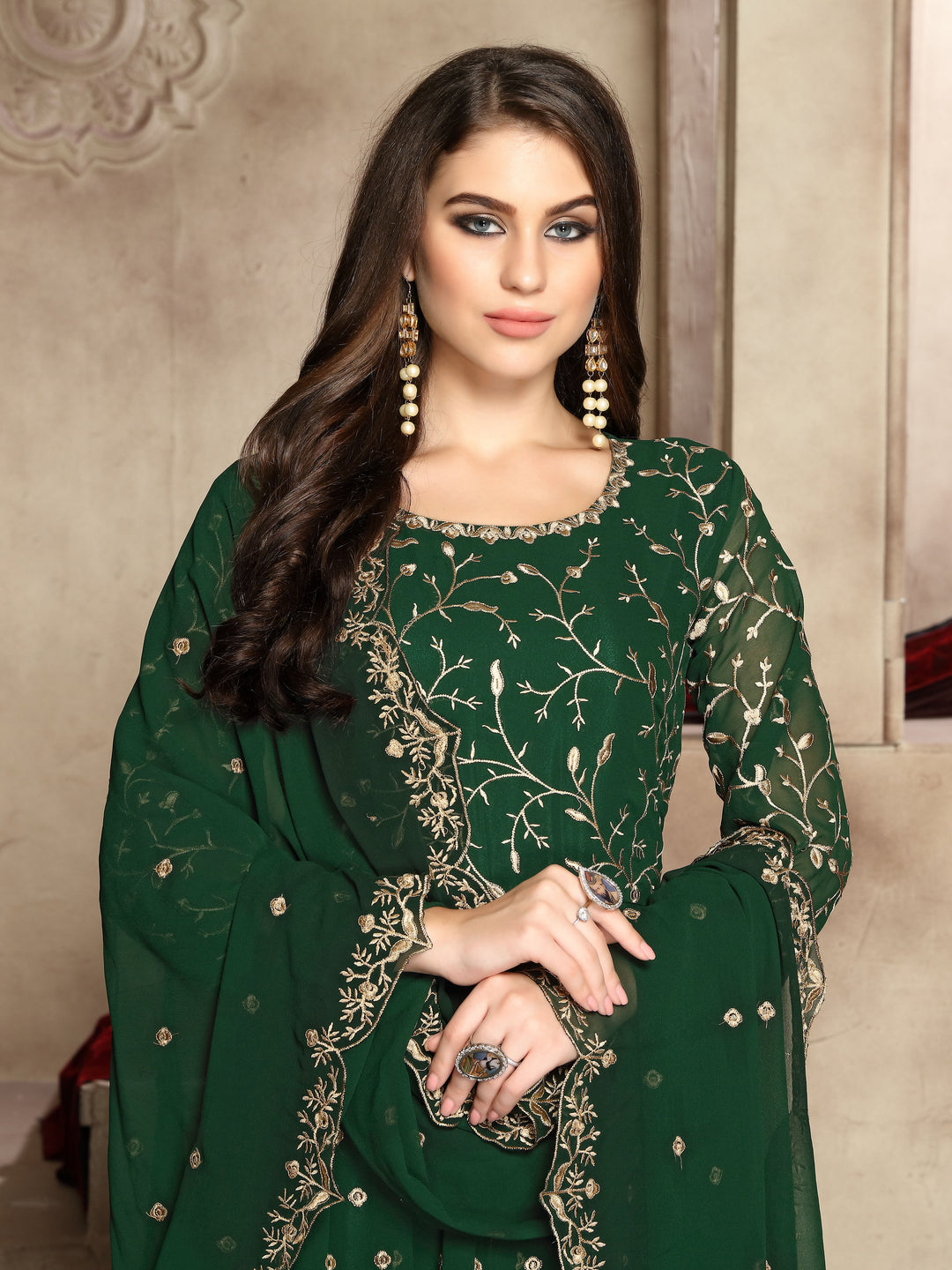Chic green georgette Anarkali Gown with exquisite detailing, perfect for elevating your festive wardrobe and special events.